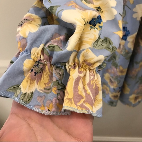 NWT HL Affair Floral Mini Dress Small blue yellow smocked long sleeve - Picture 6 of 12